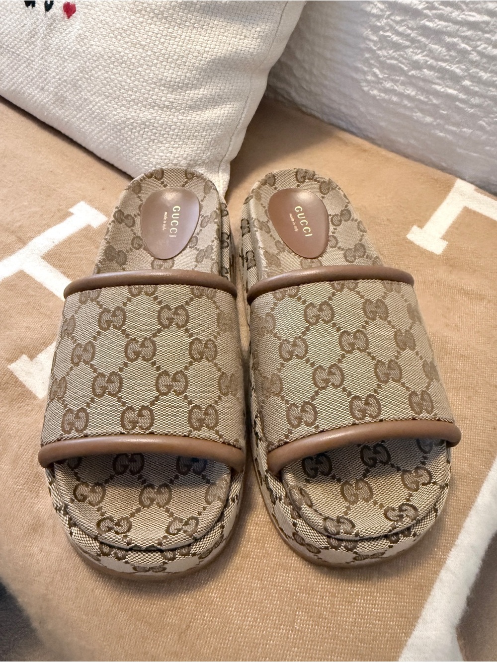 Gucci Beige GG Canvas Slide Sandals with Brown Trim